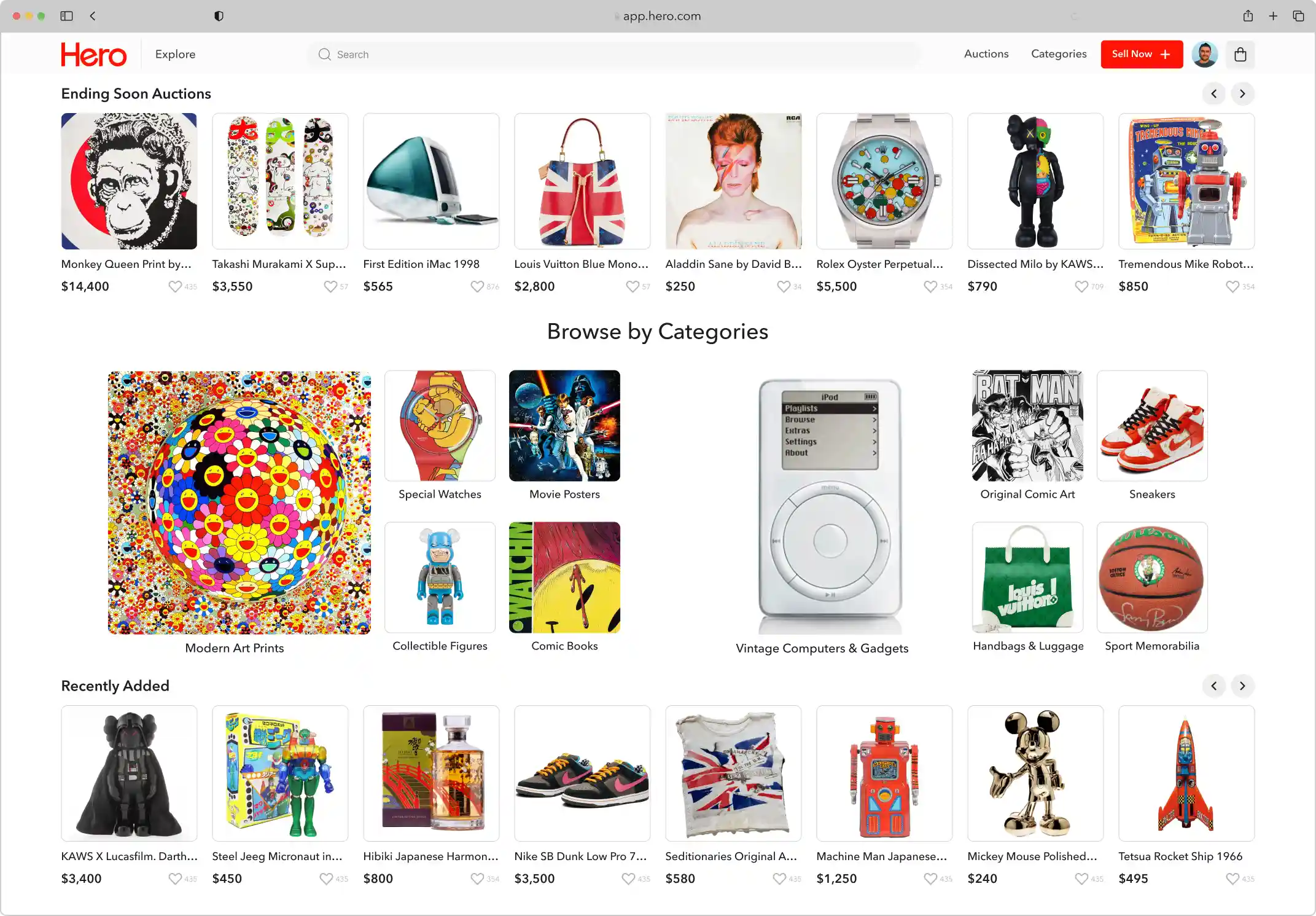 Hero marketplace shown in a desktop browser